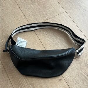 Ulta Beauty Black Faux Leather Crossbody Bag with Striped Strap